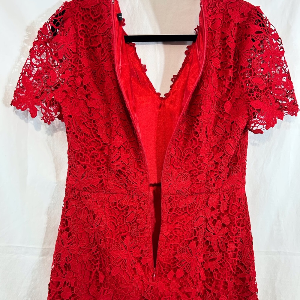White House Black Market Red Lace V-neck Short Sleeve‎ Knee Length Small Dress - Picture 7 of 12